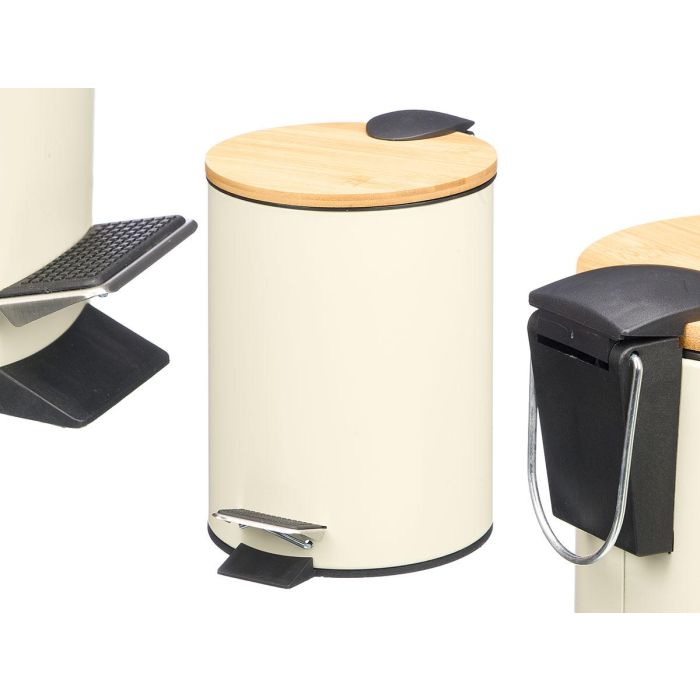 Berilo Papelera de Metal con Tapa de Bambú, 3L, Beige, 21 x 23.5 x 17 cm (Set de 4)