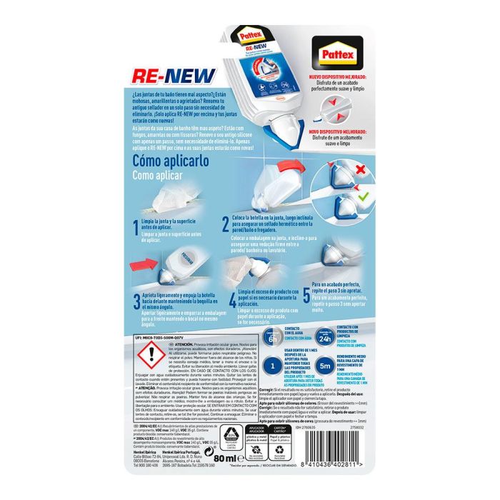 Pattex Silicona Re - new Blanco Mate 80 ml Silicona a Base de Agua para Sanitarios Resistente al Moho 1
