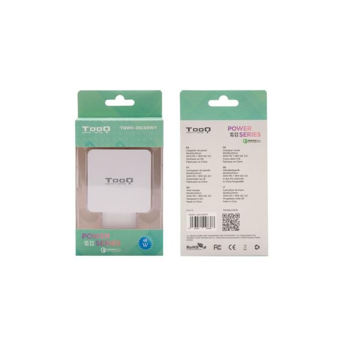 TooQ TQWC-2SC03WT Cargador de Pared Doble Puerto USB-C PD + USB A QC3.0, 48W Blanco