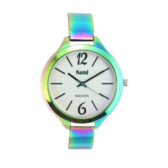 SAMI Reloj SRA - Metal Baño Rainbow, Esfera Plata, Caja Roja, Cristal Mineral