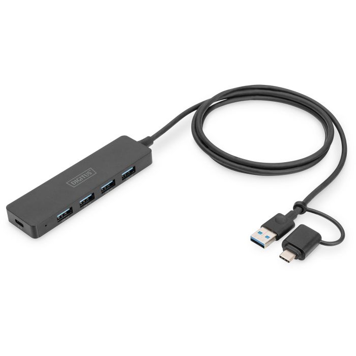 Digitus USB 3.0 Hub 4 Puertos Slim con Adaptador USB-C y Cable de 1.2m