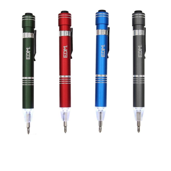 Edm Linterna LED con Destornillador, 6 Puntas Imantadas, IP44, Incluye Clip e Imán, Colores Surtidos 7 Edm Linterna LED con Destornillador, 6 Puntas Imantadas, IP44, Incluye Clip e Imán, Colores Surtidos 7