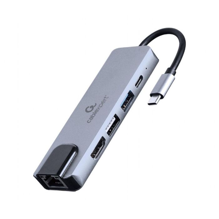 Gembird A-CM-COMBO5-04 Replicador de Puertos USB-C 3.2 Gen 1 para Portátil con 87W Power Delivery, HDMI 4K y Ethernet Plata