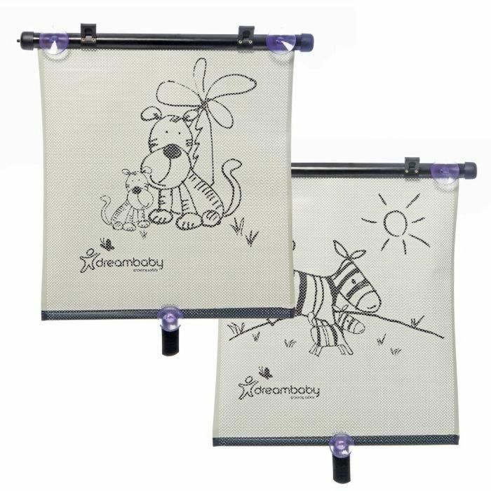 Dreambaby DRE9312742402389 Estor Enrollable para Ventana de Coche Doble Cara Estampado Cebra y Tigre Ajustable 2 Unidades