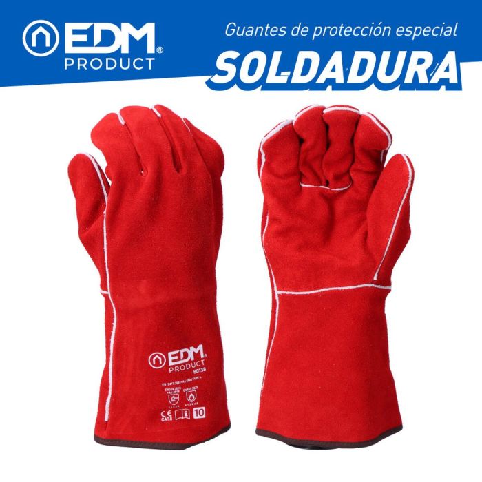 Guantes de Trabajo EDM Rojo Kevlar Algodón Piel de serraje Soldadores 5