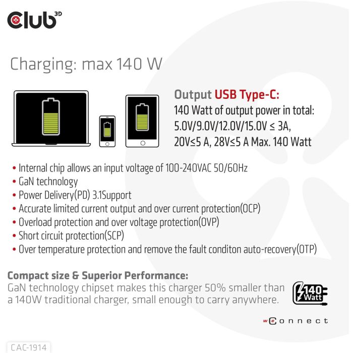 Club3D Ladegerät 1xUSB Typ C PD 140W. GaN retail 8