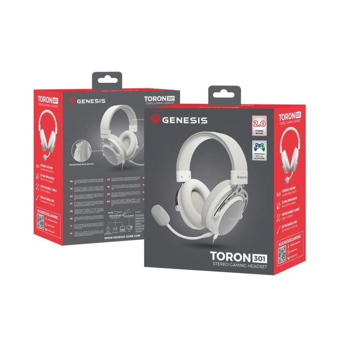 GENESIS Toron 301 Auriculares Gaming Alámbricos Diadema Blanco con Transductores 53mm y Micrófono Boom Desmontable Ultraligeros 7