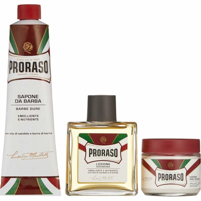 Proraso BARBE DURE PRIMADOPO Set de Afeitado Hombre - Línea Roja Sándalo y Karité. Crema Pre, Afeitar, Bálsamo After Shave 3 pz