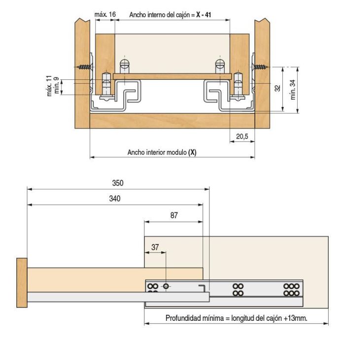 DTC Guía Oculta Tourpush Extracción Parcial 350mm con Sistema PUSH para Cajones Sin Tiradores - 200 Unidades 1