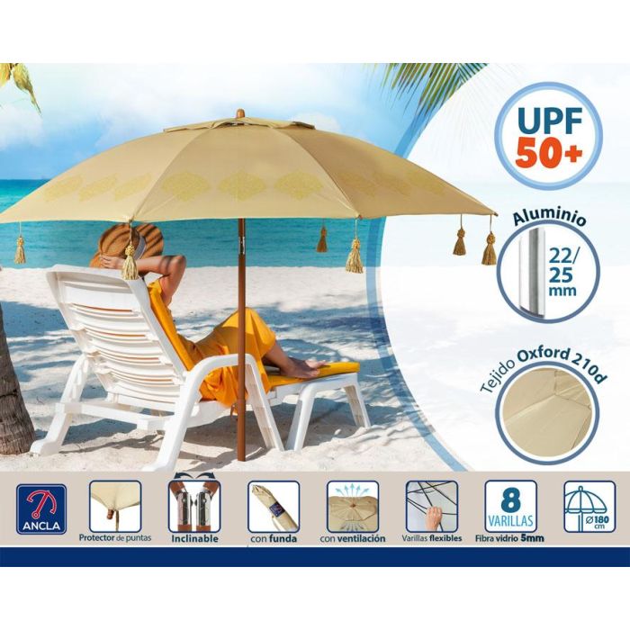Atosa Sombrilla de Playa de Aluminio con UPF 50+, Orientable, 180 cm, Beige 2