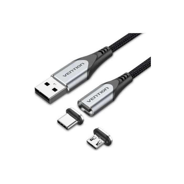 Vention CQMHD Cable de Carga Magnético USB-A a Micro USB + USB-C, 60W, 480Mbps, 50cm, Gris