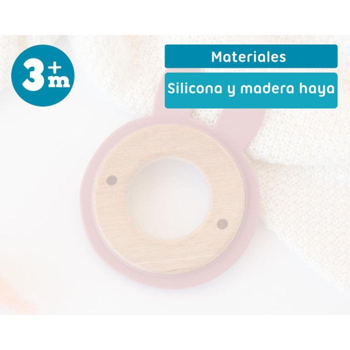 KioKids Mordedor para Bebés +3 Meses, Madera Haya y Silicona Rosa Conejito, Juguete que Alivia la Dentición y Estimula Sentidos 5