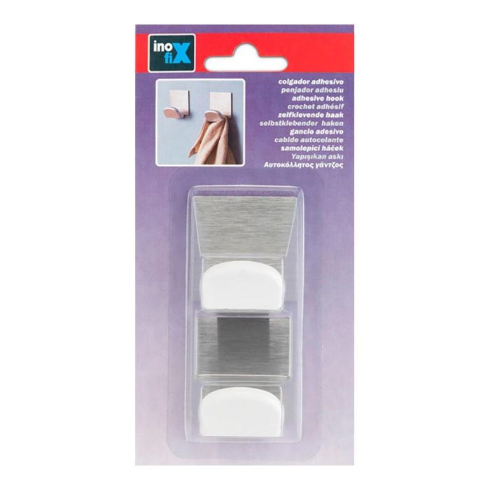 Inofix Colgador Adhesivo Blanco con Base de Acero Inoxidable Cromado (Blister 2 Unidades)