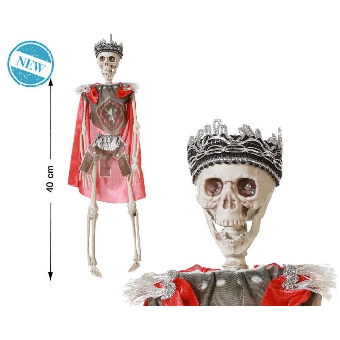 Figura Esqueleto de Rey Medieval con Corona Negra y Capa Roja 40 cm para Halloween y Decoración