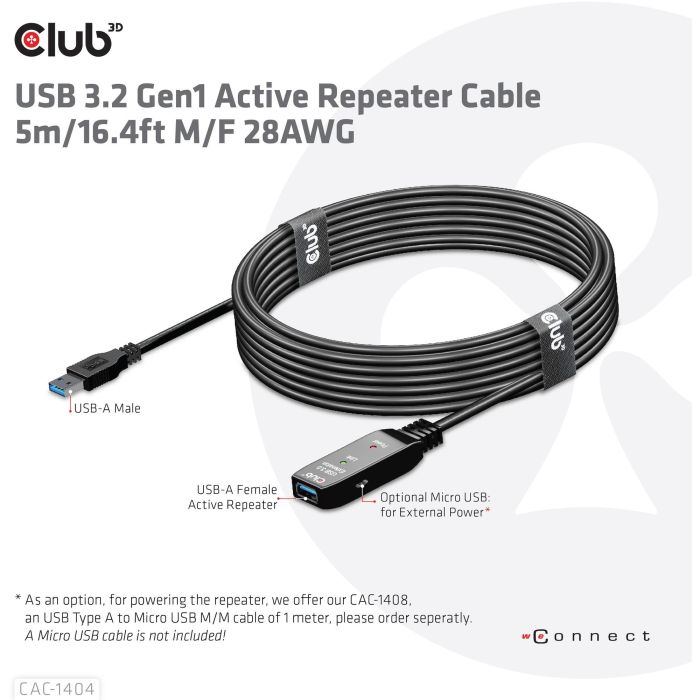 Club3D cable de extensión activo USB 3.2 A 5m - 5 Gbps macho/hembra 5 Club3D cable de extensión activo USB 3.2 A 5m - 5 Gbps macho/hembra 5