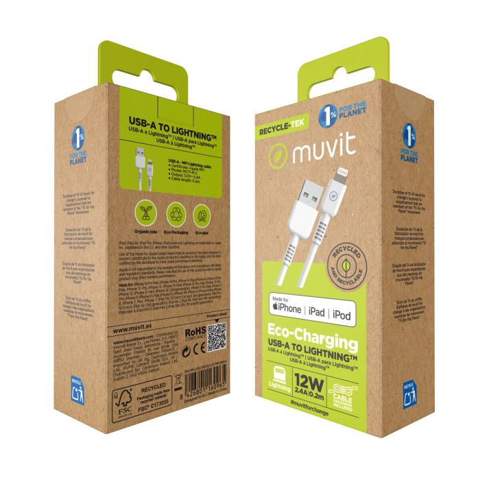 muvit for change cable USB a Lightning MFI 2,4A/12W 0,2m blanco 1 muvit for change cable USB a Lightning MFI 2,4A/12W 0,2m blanco 1