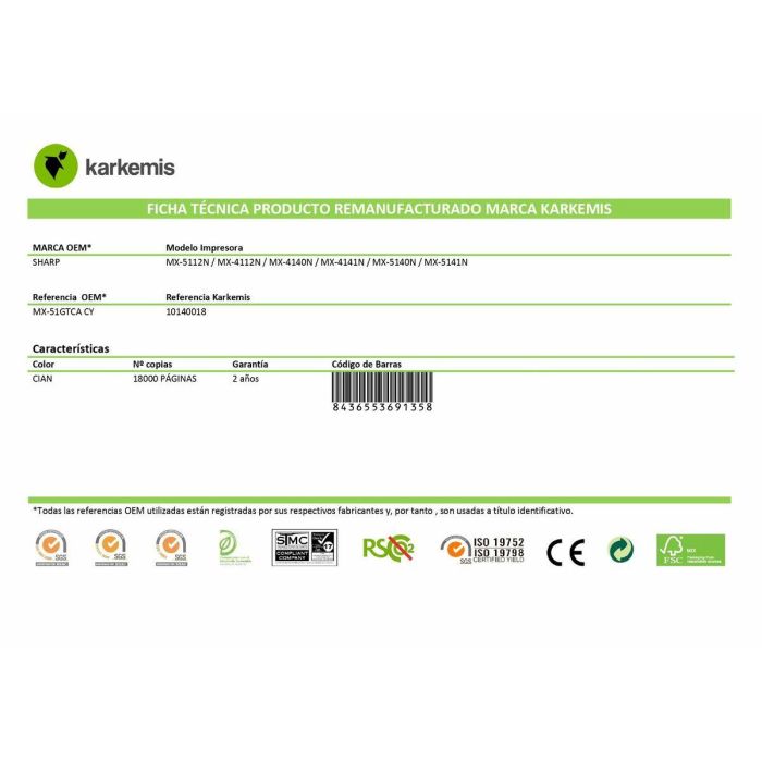 Tóner Original Karkemis MX-51GTCA Cian 4 Tóner Original Karkemis MX-51GTCA Cian 4