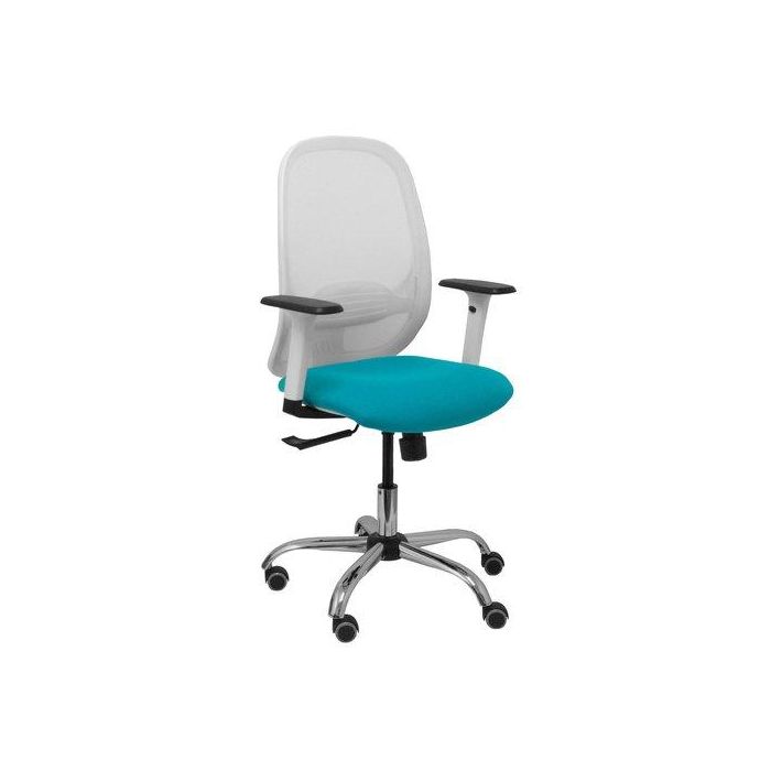 Silla Piqueras Y Crespo Cilanco Blanca Uso Intensivo Brazos Regulables Mecanismo Sincro Con Regulador De Tension Refuerzo Lumbar Regulable Base Cromada Ruedas Parquet Respaldo De Malla Blanca Y Asiento Tapizado Bali Turquesa