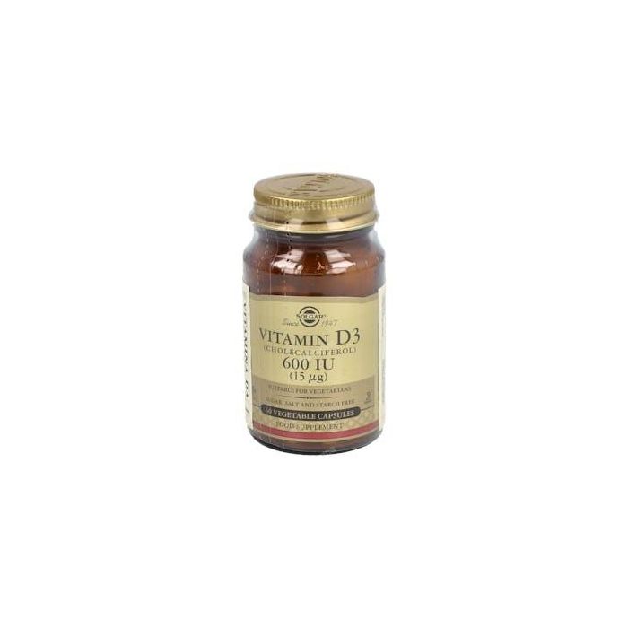 SOLGAR Vitamina D3 600 UI (15 mcg) 60 Cápsulas Vegetales. Ayuda a transportar el calcio a los huesos.