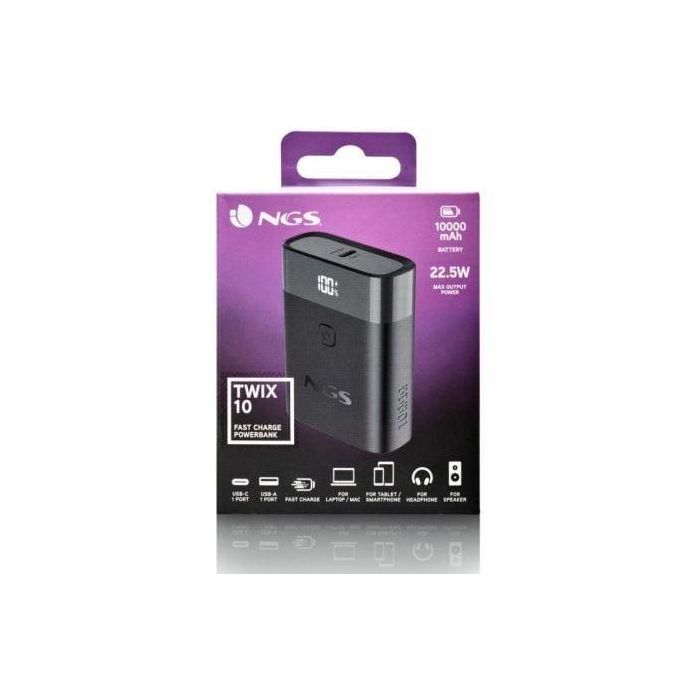 NGS TWIX10 Powerbank 10000mAh 22.5W Carga Rápida USB-C/A Negra con Pantalla LED y PD 20W/QC3.0 3