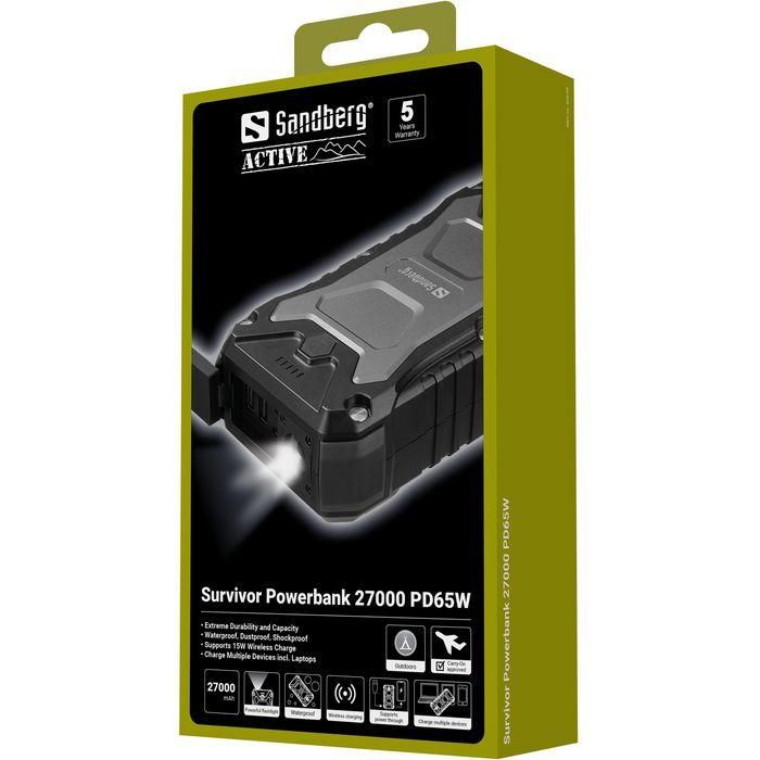 Sandberg Survivor Powerbank 27000 PD65W IP66 Resistente Agua/Golpes/Polvo, Batería Externa Carga Rápida 65W Portátil y 18W Móvil QC 4