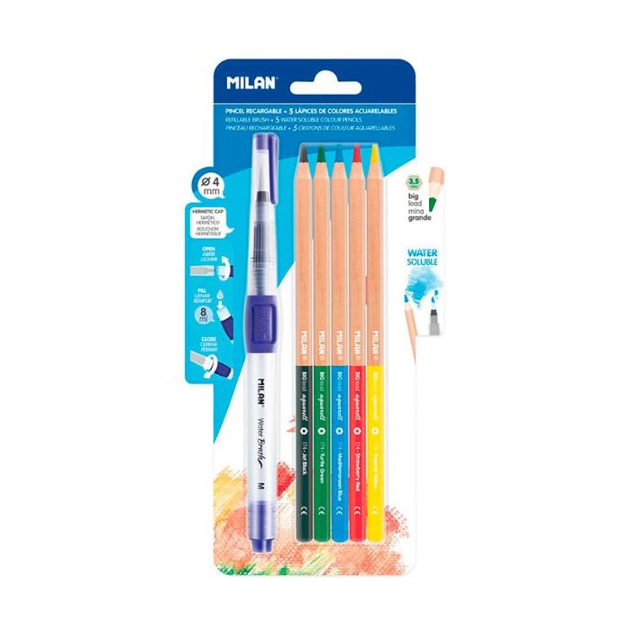 Milan Pincel Recargable Water Brush + 5 Lápices Acuarelas Milan Kit Dibujo/Pintura para Escuela/Bellas Artes 1