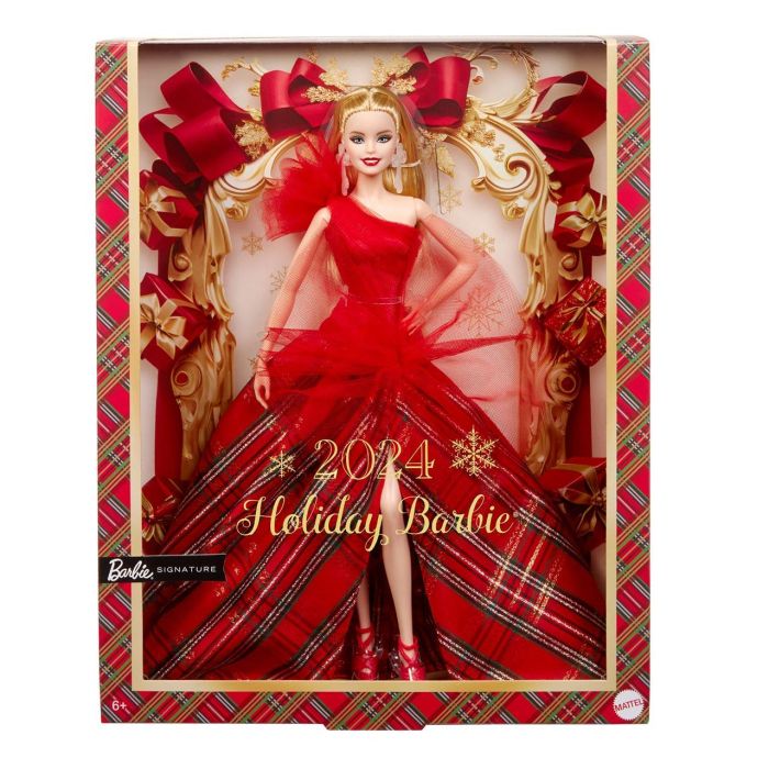 Muñeca barbie coleccion signature con vestido rojo a cuadros 1