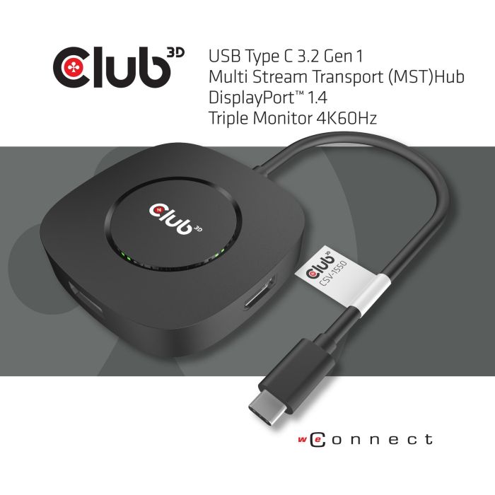 Club 3D MST-Hub USB 3.2 Tipo C a 3x DisplayPort 1.4 Triple Monitor Negro - Hub DisplayPort 1.4 para 3 Monitores 4K 3