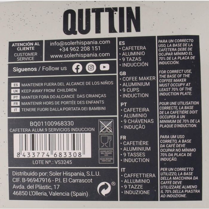 Cafetera de aluminio para 9 servicios por inducción Quttin (6 Unidades) 11 Cafetera de aluminio para 9 servicios por inducción Quttin (6 Unidades) 11