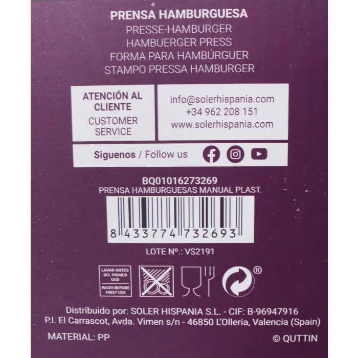 Prensa Hamburguesas Manual Quttin - Plastico (18 Unidades) 13 Prensa Hamburguesas Manual Quttin - Plastico (18 Unidades) 13