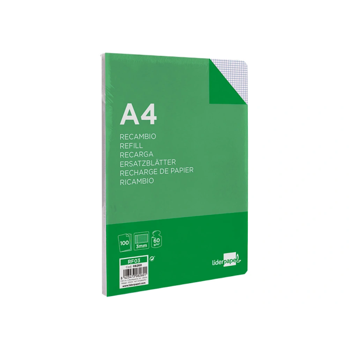 Liderpapel Recambio A4 100 Hojas 60gr Cuadro 3mm Con Margen 4 Taladros 5