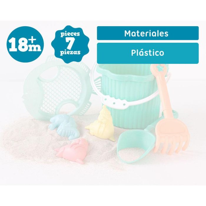 KioKids Set de Cubo de Playa Verde para Bebés con 7 Piezas, Incluye Cubo, Pala, Rastrillo, Tamiz y Moldes de Arena, A Partir de 18 Meses, Material Polipropileno y Trigo