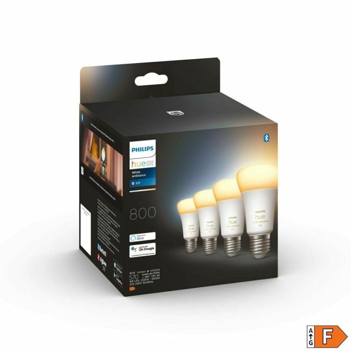 Philips Hue White Ambiance, bombilla LED conectada E27, 60W equivalente, 800 lumen, 4 paquete, Bluetooth Compatible 3