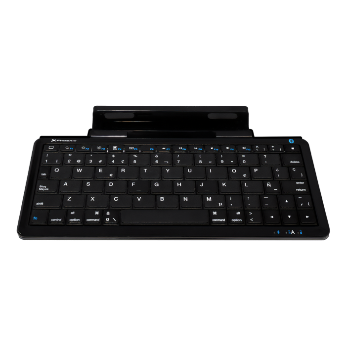 Phoenix technologies Mini Teclado Bluetooth Universal Multimedia con Soporte para Smartphone y Tablet, Batería Recargable Ion Litio, Cable USB Retráctil 1