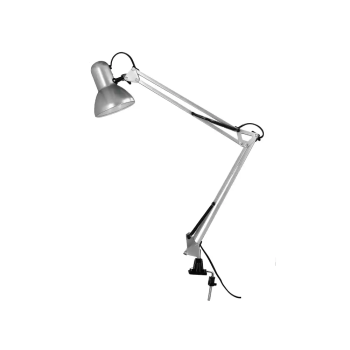 Q-connect Antares Lámpara de Escritorio Metálica con Pinza, Interruptor, Brazo Doble, 3 Articulaciones, Color Plata, Uso Oficina 1