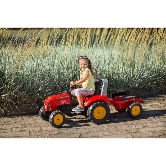 FALK - Tractor de pedal rojo sobrealimentador con capó de apertura y remolque incluido 1