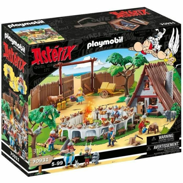 Playmobil 70931 Astérix: El banquete del pueblo - Set con cabaña, asador, fuego central y mesa para 18 galos, techo extraíble