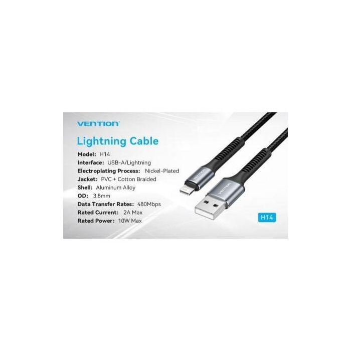 Cable USB 2.0 Lightning Vention H14BF/ Lightning Macho - USB Macho/ 10W/ 480Mbps/ 1m/ Negro 2