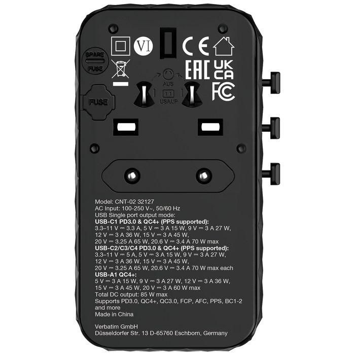 Verbatim Charge 'n' Travel Diamond 85W Retractable Cable CNT-02 Adaptador de Viaje Universal GaN III 3