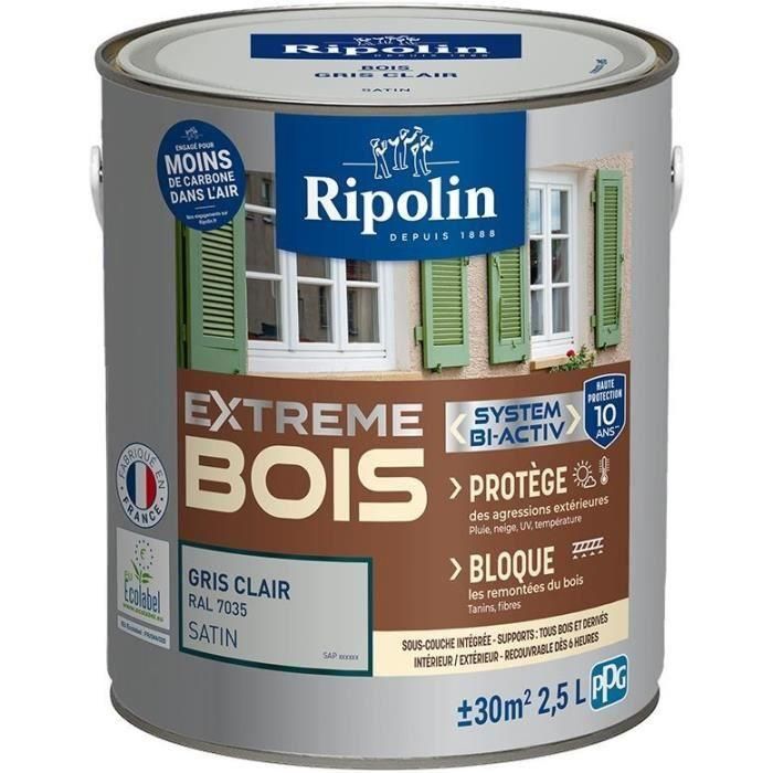 Pintura de madera para interiores y exteriores RIPOLIN - Gris claro Ral 7035 Satinado, 2.5L