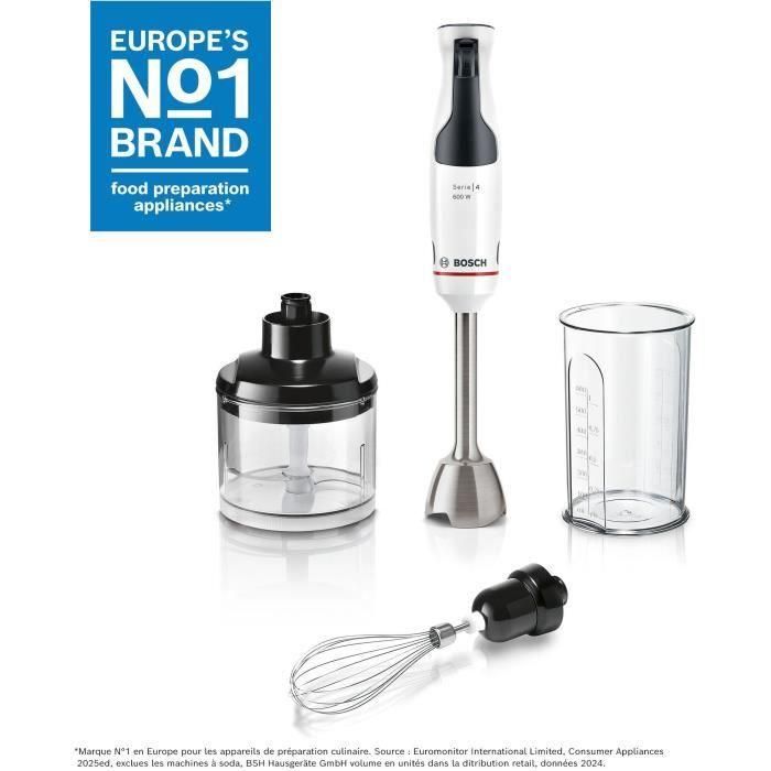 Batidora de mano - BOSCH - MSM4W221 - 600 W - 4 cuchillas afiladas - Bol para mezclar - Mini picadora - Batidor - Engranaje cerámico Batidora de mano - BOSCH - MSM4W221 - 600 W - 4 cuchillas afiladas - Bol para mezclar - Mini picadora - Batidor - Engranaje cerámico