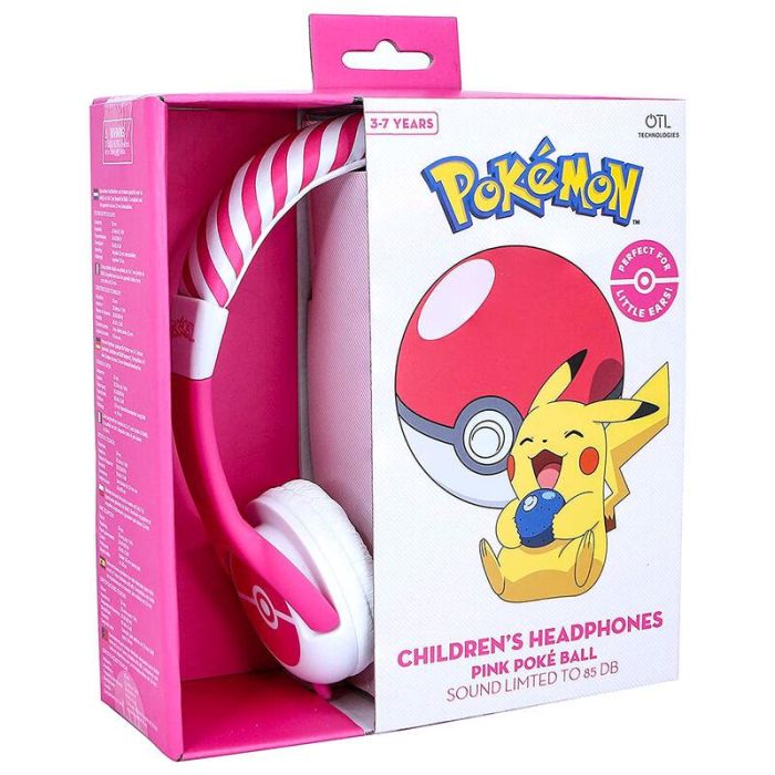 OTL Technologies Auriculares Infantiles Pokemon Pokeball Pink con Volumen Limitado 85dB y Conector Jack 3.5mm para Niños 3-7 Años
