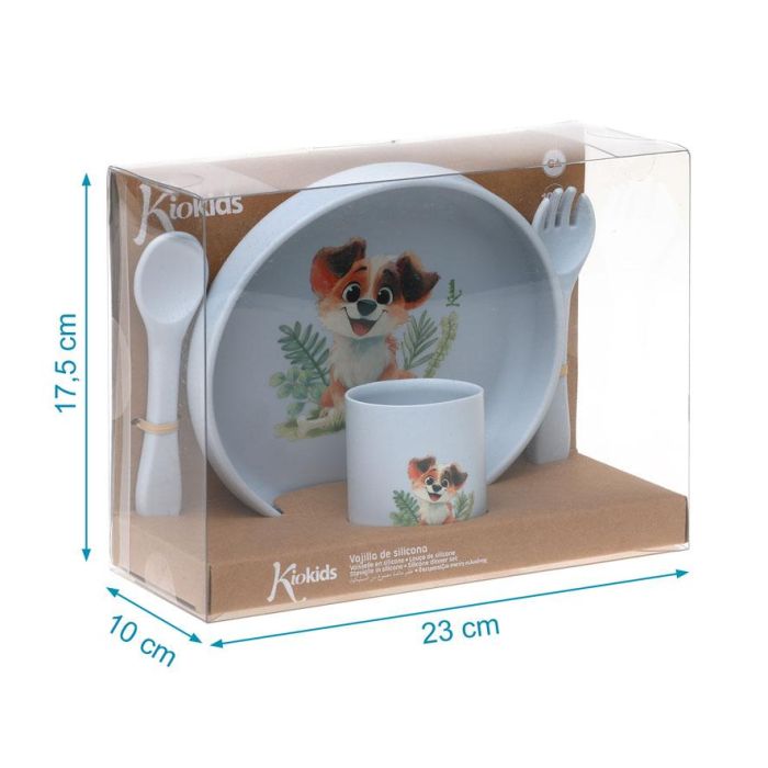 KioKids Vajilla de Silicona con Ventosa para Bebé Lovely Friends, Plato, Vaso y Cubiertos, Kit BLW, Azul, +6 Meses, 100% Grado Alimenticio, Lavavajillas, Microondas