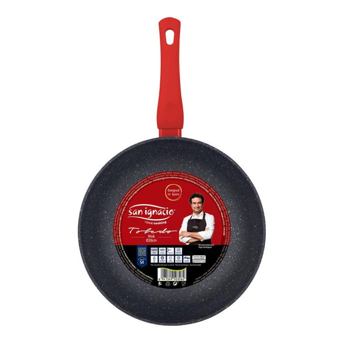 San Ignacio Wok Toledo Aluminio Forjado Inducción Ø26 cm Negro con Marmolado y Mango Rojo 1 San Ignacio Wok Toledo Aluminio Forjado Inducción Ø26 cm Negro con Marmolado y Mango Rojo 1