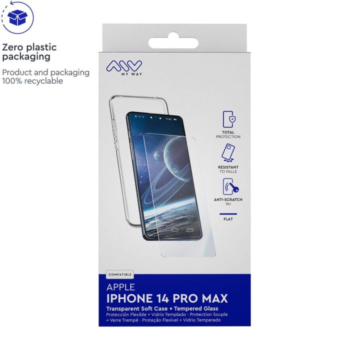 Myway Carcasa de TPU Transparente y Protector Pantalla Vidrio Templado para Apple iPhone 14 Pro 3