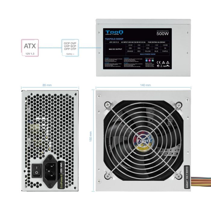 TooQ TQAPOLO-500SP Fuente de Alimentación 500W PFC Activo ATX 12V V1.3 Ventilador Silencioso 120mm Eficiencia >78% 3 TooQ TQAPOLO-500SP Fuente de Alimentación 500W PFC Activo ATX 12V V1.3 Ventilador Silencioso 120mm Eficiencia >78% 3