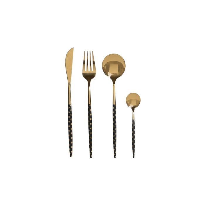 DKD Home Decor Cubertería Básicos de Acero Inoxidable Negro Dorado con Topos, Grosor 2,5mm, Set de 16 Piezas, Apto Lavavajillas