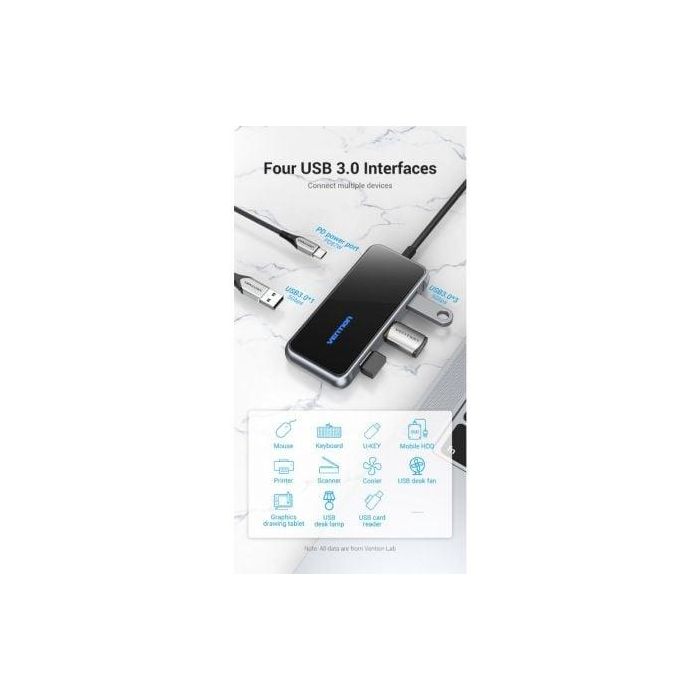 Vention TFDHB Hub USB-C Estación Acoplamiento 5 en 1, 4 Puertos USB 3.0 (5Gbps), 1x USB-C PD 87W Carga Rápida, Gris 4