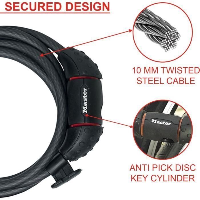 MASTER LOCK Cable antirrobo para bicicletas [Cable de 1,8 m] [Llave] [Exterior] [Soporte de montaje para bicicletas] 8130EURDPRO 1