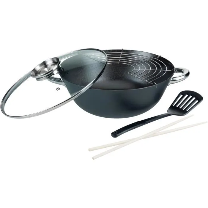 GSW 860956 Wok Multifunción de 5 Piezas, Acero Fundido, 32 cm, Apto para Todo Tipo de Fuegos Incluida Inducción 5